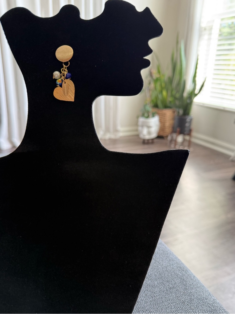 Gold Heart Drop Earrings with Blue & Pearl Accents